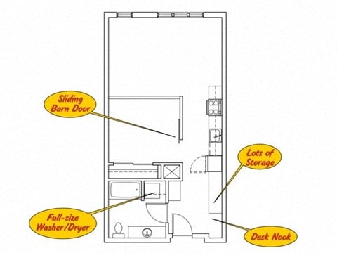 Floor plan for 1 bed, 1 bath, 623 sqft